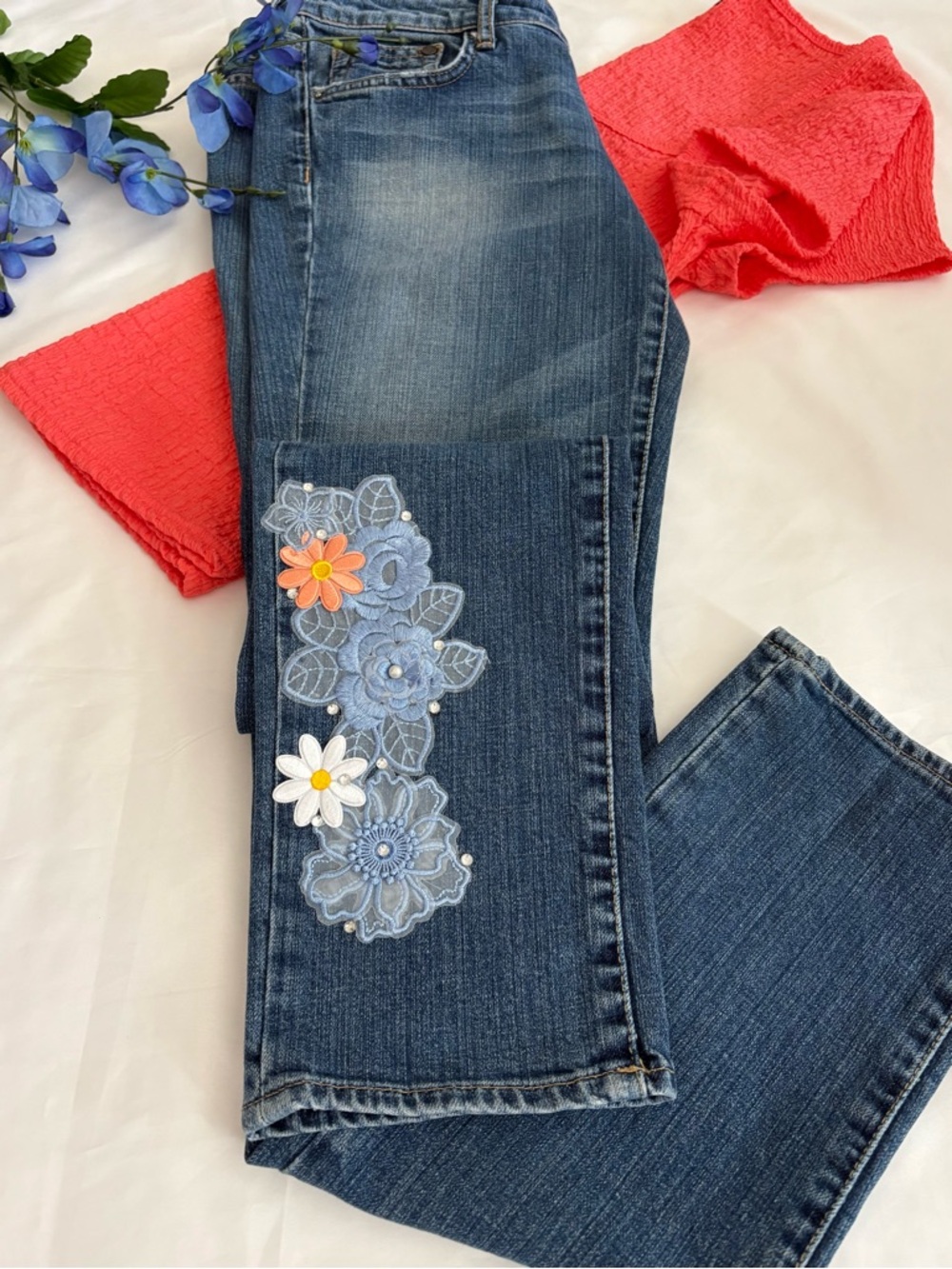 H&M Skinny Jeans Women’s 29W LR BOHO Custom Floral Design Festival Denim